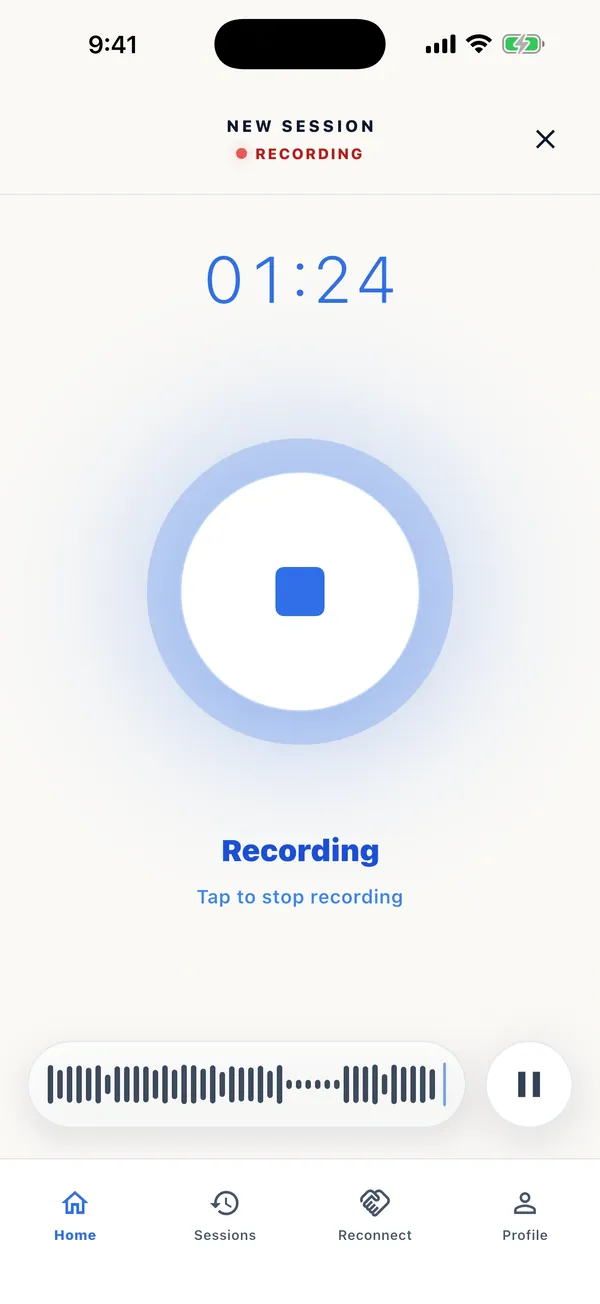Recording screen with a session in progress at 01:24 and a button to stop.